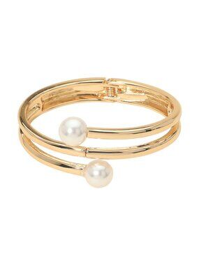 Tigerstars Gold Pearl Tip Double Band Hinged Bangle Bracelet